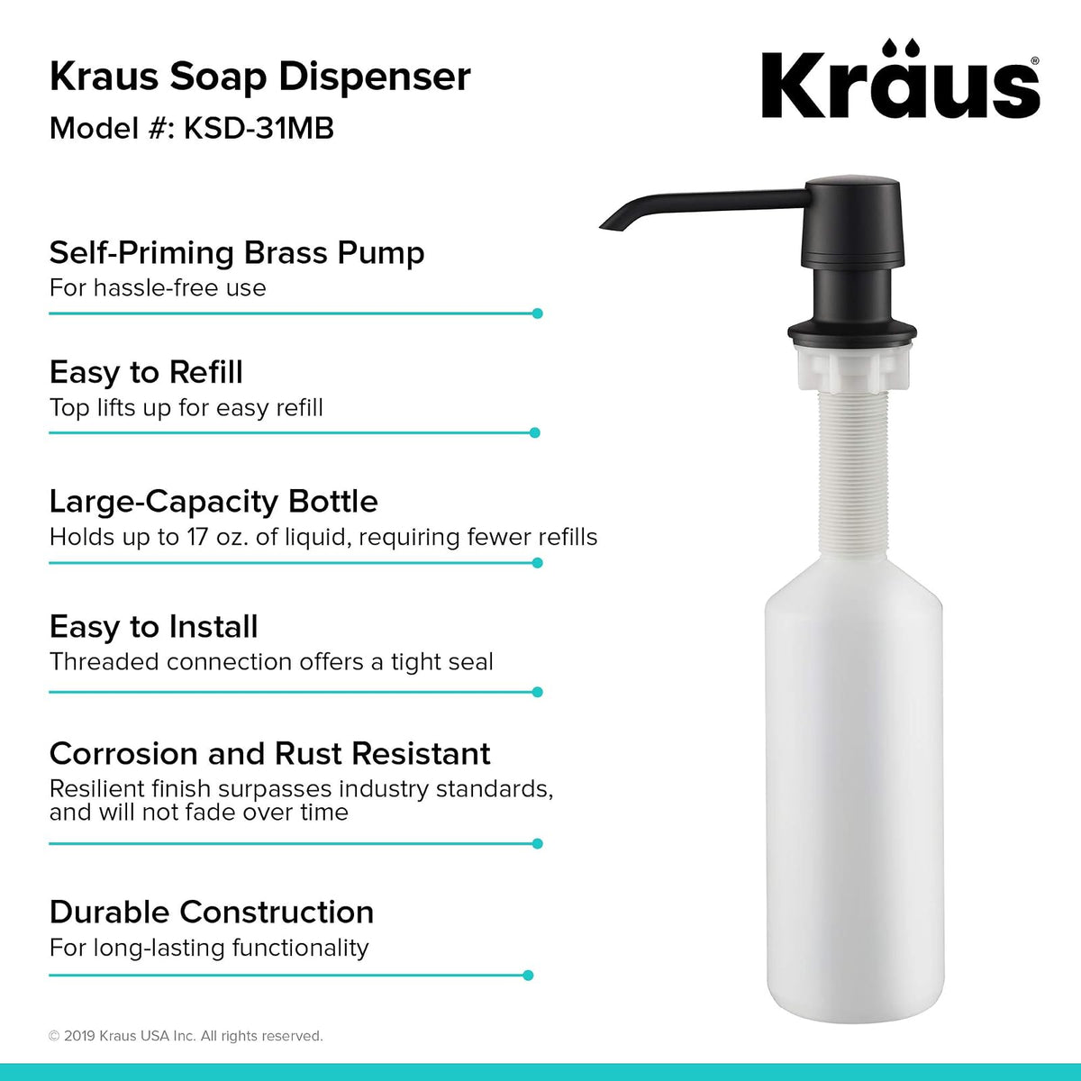 Kraus Dispensador de jabón y loción de Cocina en Negro Mate, KSD-31MB