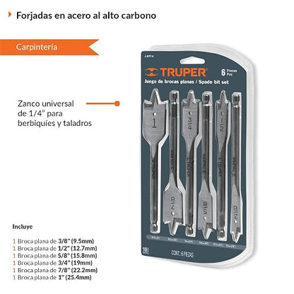 Truper J-BPT-6, Juego de brocas planas de manita, 6 piezas