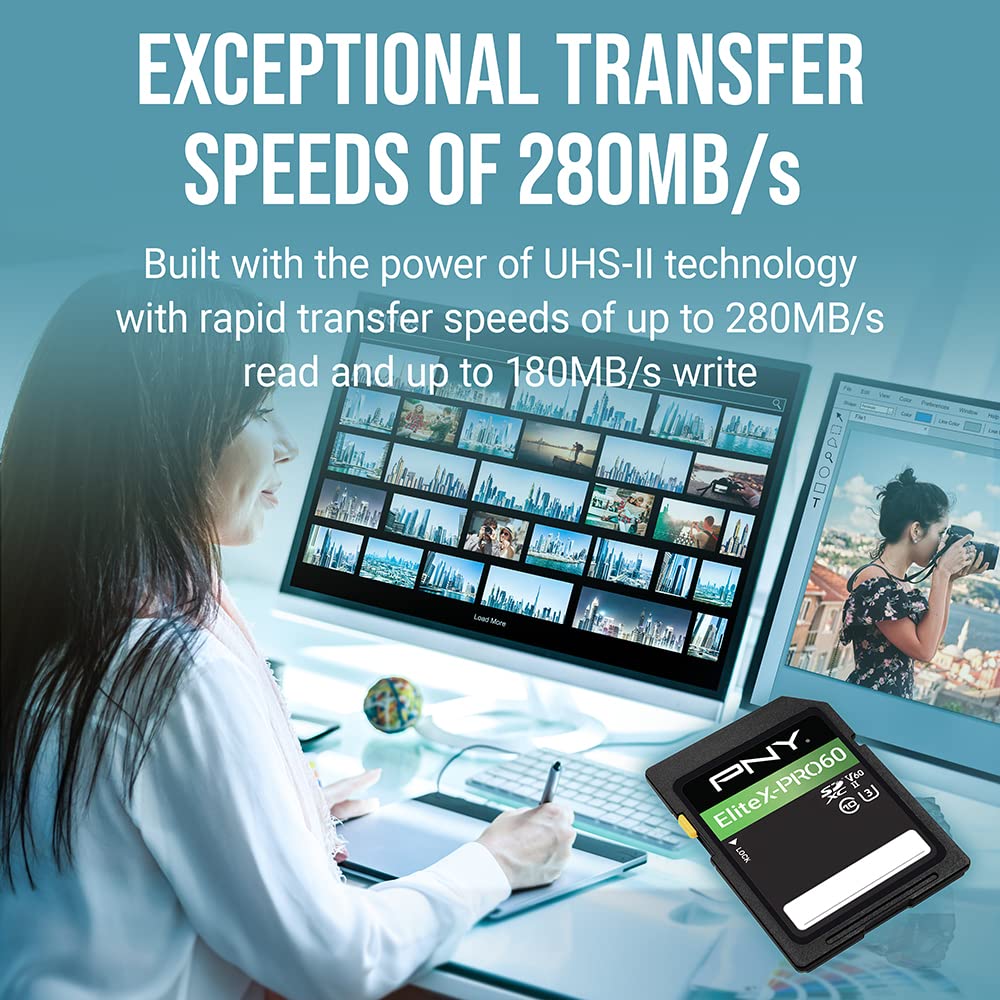 PNY Tarjeta de Memoria EliteX-PRO60 UHS-II SDXC de 512 GB, R280MB/s W150MB/s, U3, V60, 4K UHD, Full HD, UHS-II para fotógrafos Profesionales y Creadores de Contenido, cámaras réflex sin Espejo,