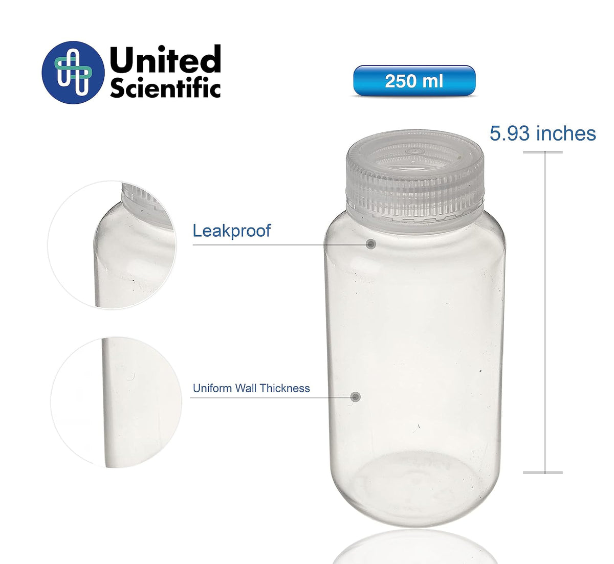 United Scientific 33308 Botellas de reactivo de boca ancha de polipropileno, capacidad de 250 ml (paquete de 12)