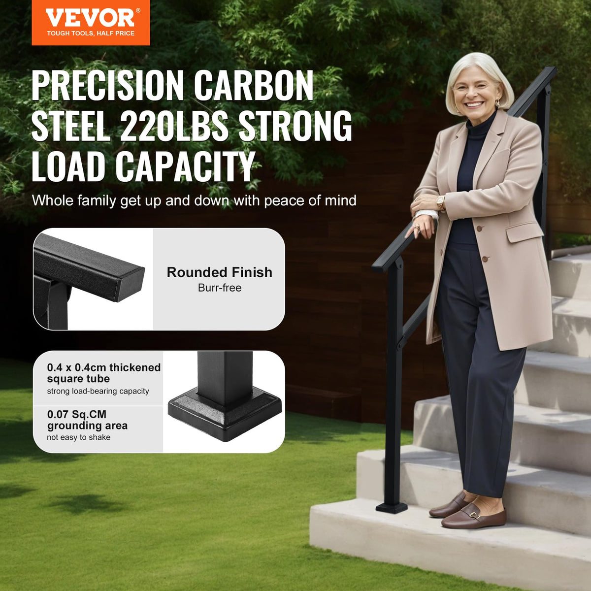 VEVOR Pasamanos de Exterior para Escalera Kit de para 4 a 5 Escalones Tubo Cuadrado con Barra Horizontal Rieles de Soporte de Acero al Carbono para Escaleras de Hormigón, Terraza, Negro