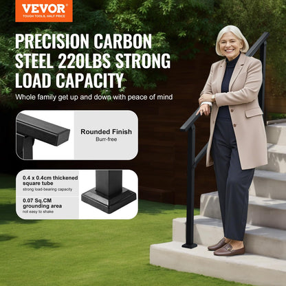 VEVOR Pasamanos de Exterior para Escalera Kit de para 4 a 5 Escalones Tubo Cuadrado con Barra Horizontal Rieles de Soporte de Acero al Carbono para Escaleras de Hormigón, Terraza, Negro