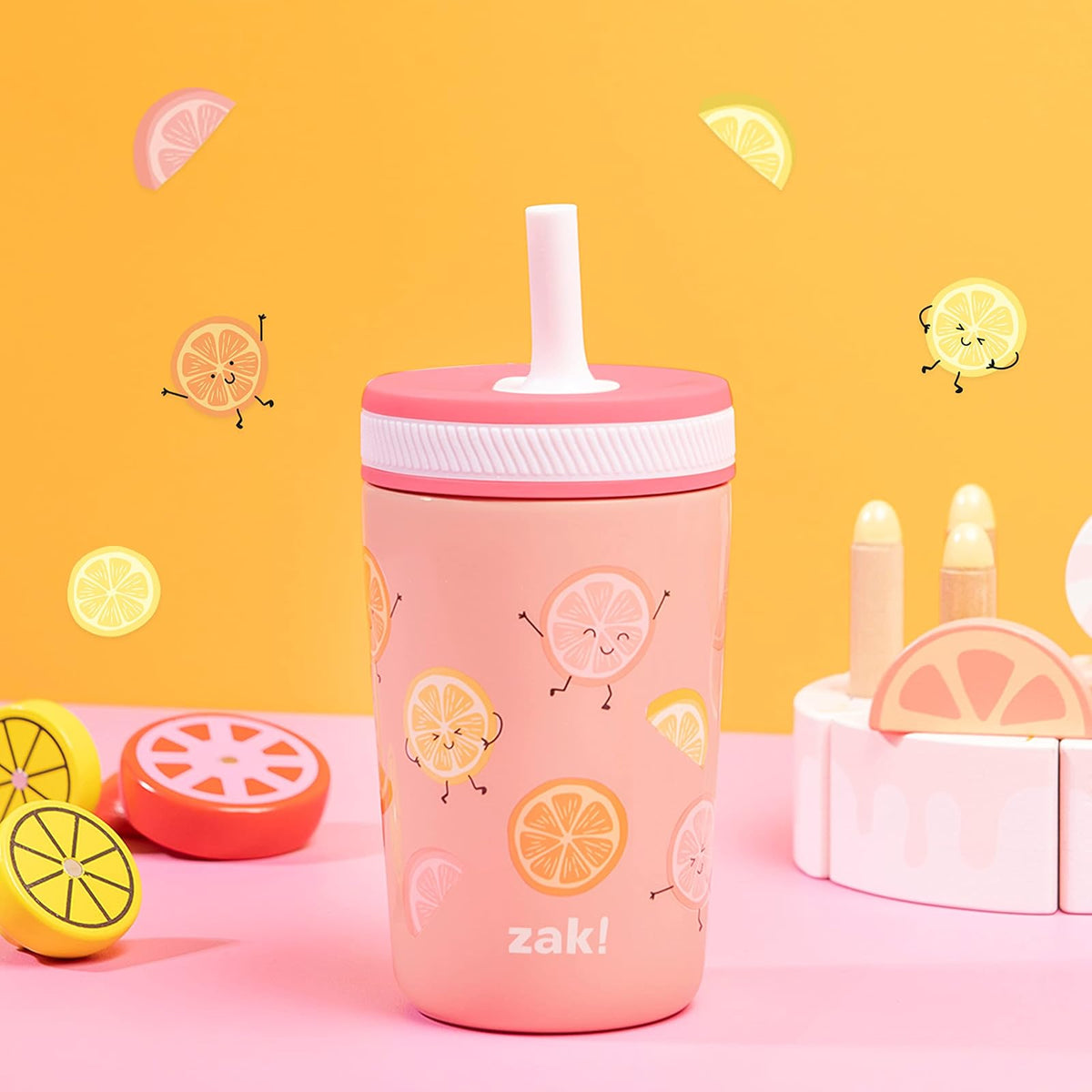 Zak Designs Vasos para niños pequeños para viajes o en casa, taza de acero inoxidable aislada al aspiradora de 12 onzas con diseño a prueba de fugas, perfecto para niños (fruta feliz)
