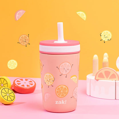 Zak Designs Vasos para niños pequeños para viajes o en casa, taza de acero inoxidable aislada al aspiradora de 12 onzas con diseño a prueba de fugas, perfecto para niños (fruta feliz)