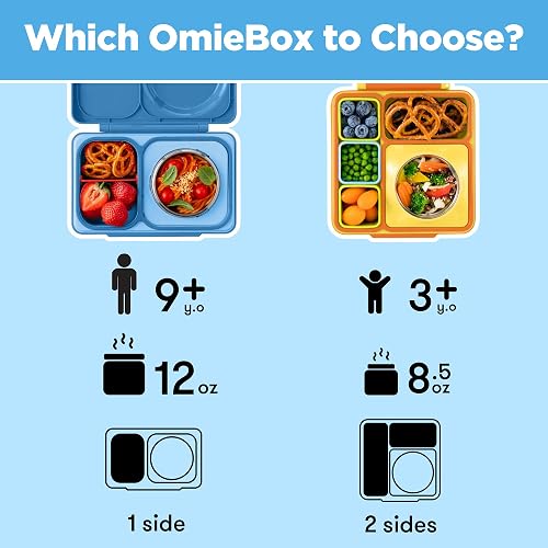 Omie OmieBox UP Bento Box para niños, lonchera aislada, tarro de alimentos térmico aislado al vacío a prueba de fugas, bolsa de hielo más fría, 2 compartimentos (azul cósmico)