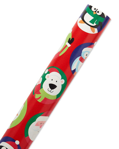 American Greetings Jumbo - Rollo de papel de regalo reversible de Navidad para niños, color rojo y azul (175 m². Pies, 1 rollo extragrande de 30 pulgadas. Pingüinos, osos polares, Papá Noel, copos de
