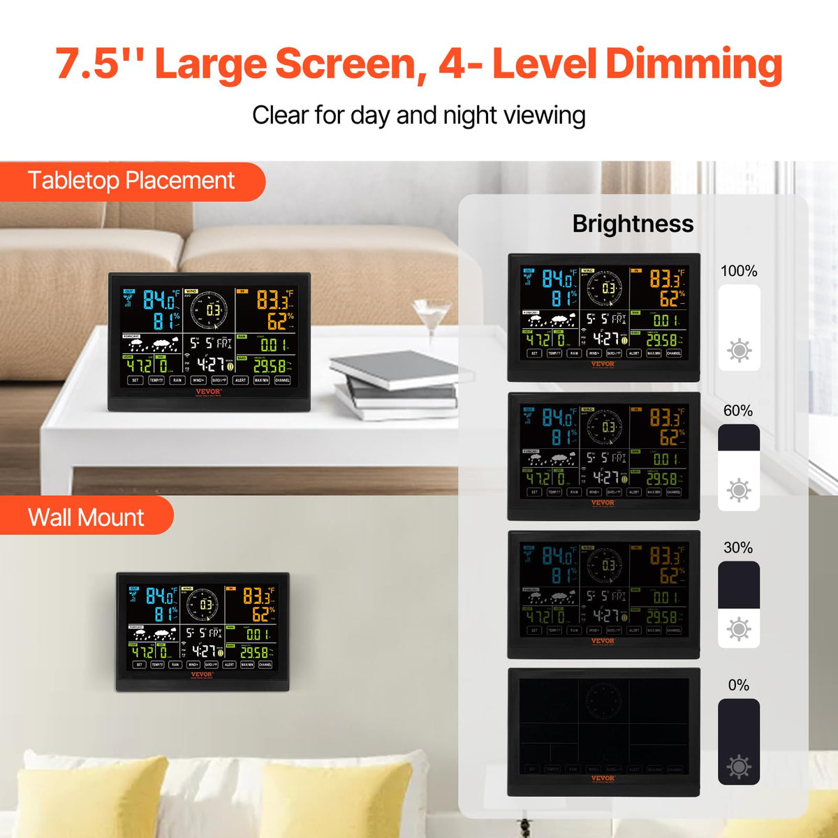 VEVOR YT60234 - Estación meteorológica WiFi 7 en 1, estaciones meteorológicas WiFi para interiores y exteriores, visualización a color de 7.5 pulgadas para pronósticos meteorológicos, temperatura,
