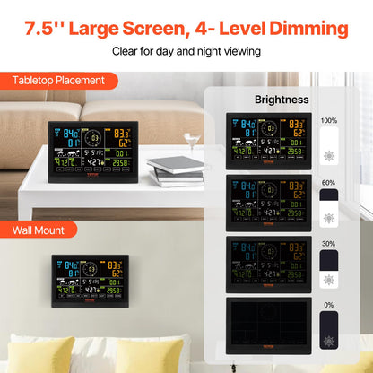 VEVOR YT60234 - Estación meteorológica WiFi 7 en 1, estaciones meteorológicas WiFi para interiores y exteriores, visualización a color de 7.5 pulgadas para pronósticos meteorológicos, temperatura,