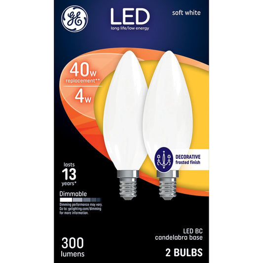 GE - Bombillas LED regulables con punta roma, 4 W (repuesto de 40 W) 300 lúmenes, blanco suave, base de foco candelabro, 2 unidades de bombillas LED