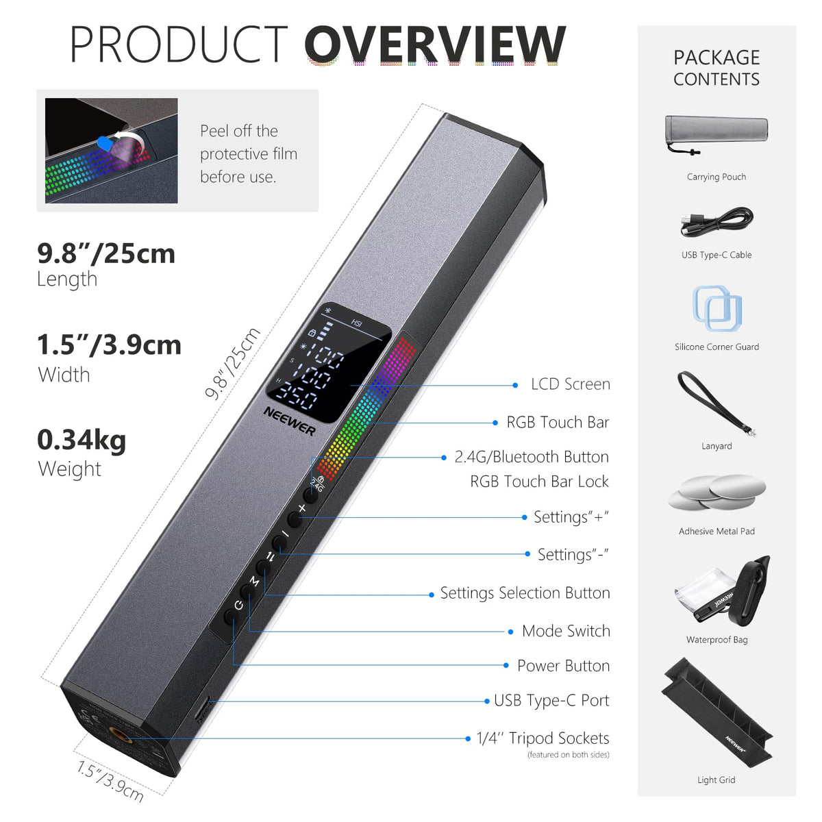NEEWER - Barra de luz LED RGB para video, barra táctil y control de aplicaciones, varita magnética de fotografía de mano, regulable 3200 K ~ 5600 K CRI98+ luz LED a todo color con batería de 6400 mAh,