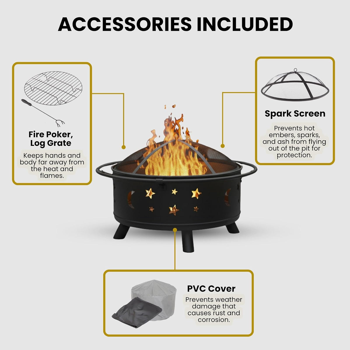 Pure Garden 50-106 Fire Pit Set, Wood Burning Pit Includes Screen, Cover and Log Poker