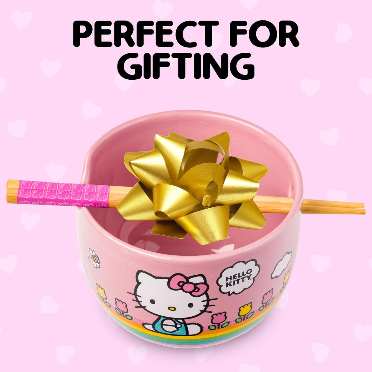 Silver Buffalo Hello Kitty Tazón de Arroz con Palillos | Rayas Arco Iris, Diseño de Flores, 20 oz