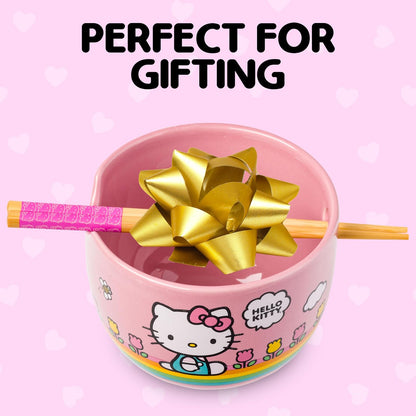 Silver Buffalo Hello Kitty Tazón de Arroz con Palillos | Rayas Arco Iris, Diseño de Flores, 20 oz