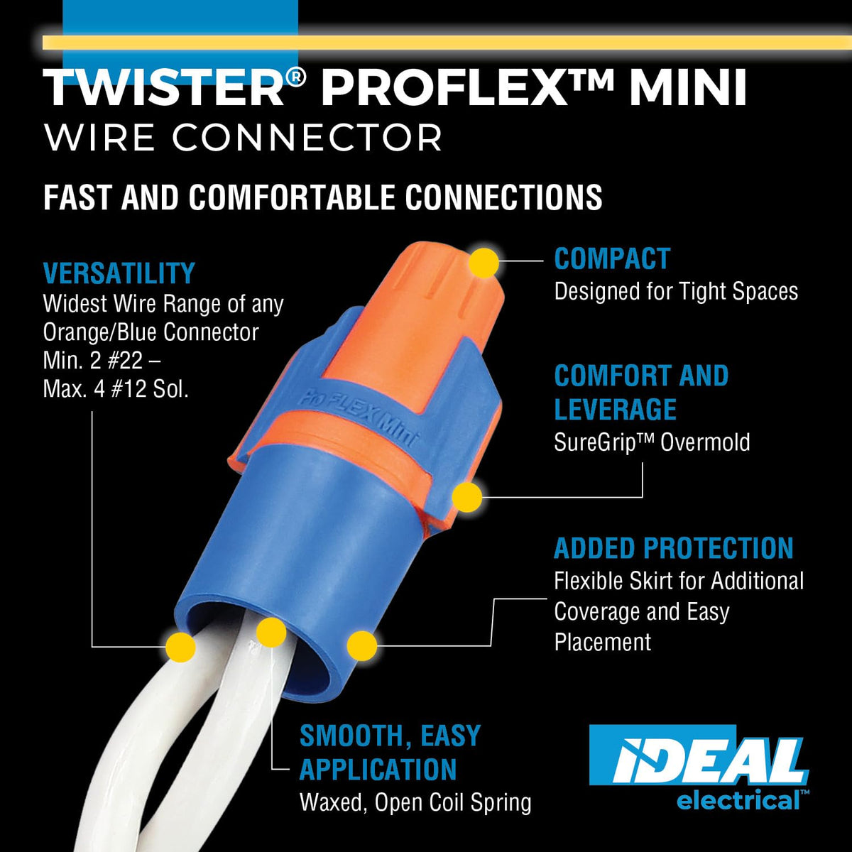 Ideal Twister ProFLEX Mini Conector de Alambre 30-343 | Naranja/Azul, Caja de 100, 22 a 12 AWG, Comfort SureGrip, Falda Flexible