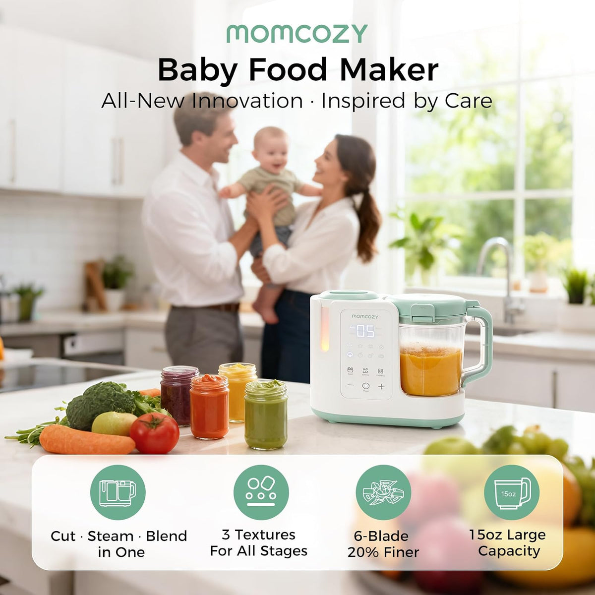 Momcozy AutoMeal Procesador de Alimentos para Bebé – Vapor y Licuado Automático, Vaso 15oz, 6 Cuchillas, Auto-limpieza, 3 Texturas para Papillas Caseras