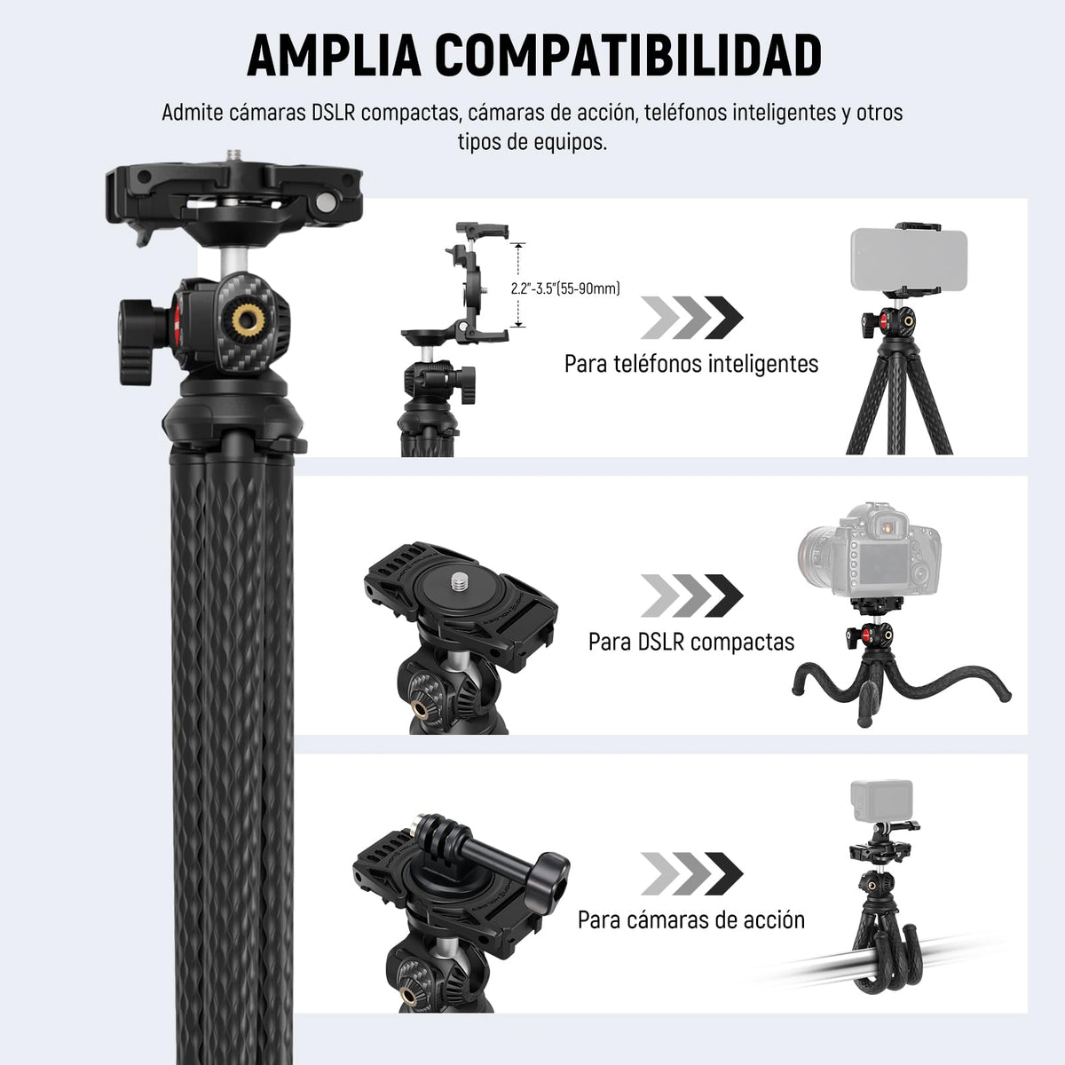 NEEWER Trípode Flexible Teléfono, Pequeño Mini Soporte Escritorio para Cámara con Oculto Phone Holder Adaptador Cámara Acción, Compatible con iPhone GoPro dji Insta360 Samsung para Video Vlogs, TP34