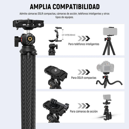 NEEWER Trípode Flexible Teléfono, Pequeño Mini Soporte Escritorio para Cámara con Oculto Phone Holder Adaptador Cámara Acción, Compatible con iPhone GoPro dji Insta360 Samsung para Video Vlogs, TP34