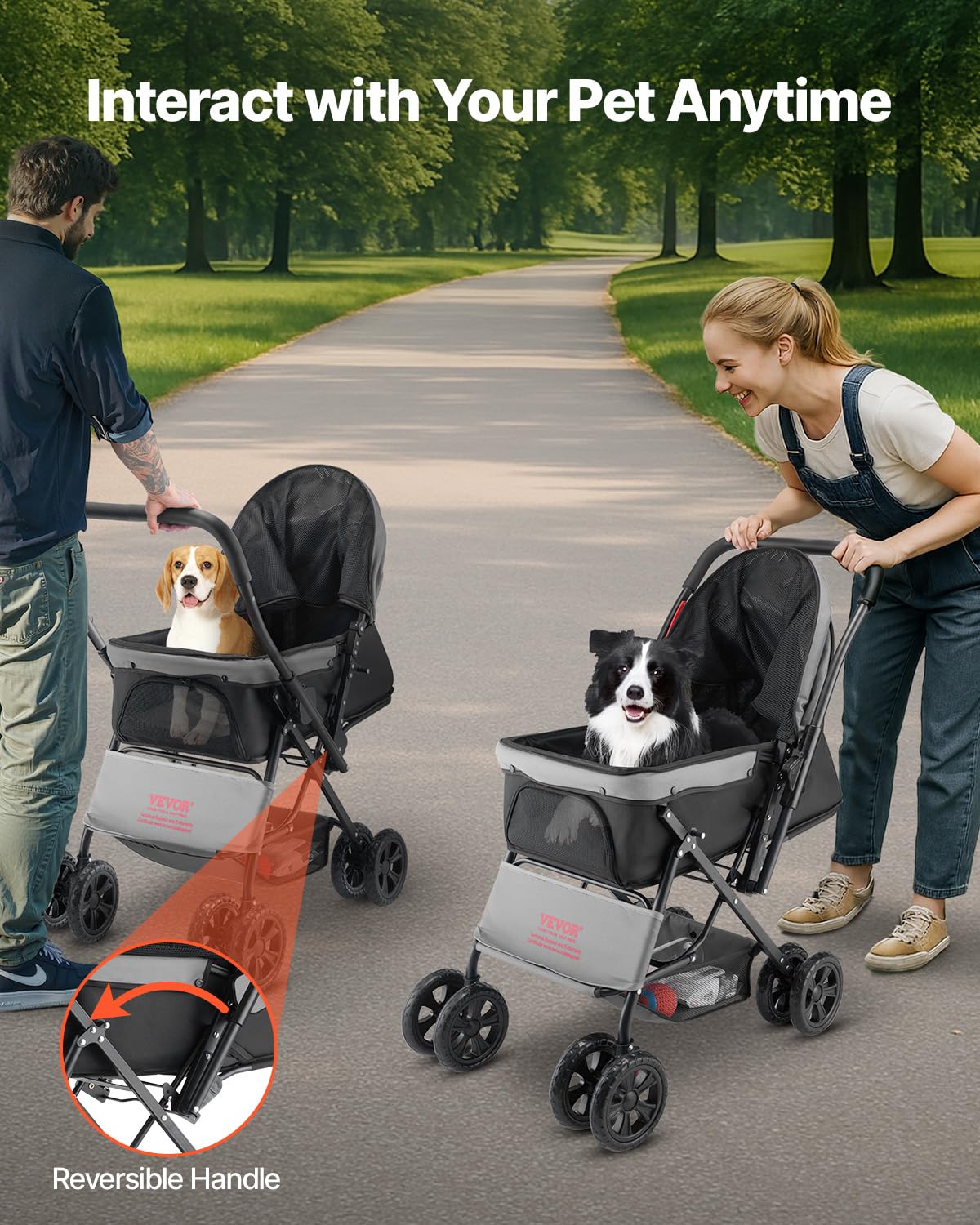 VEVOR Cochecito para Mascotas Capacidad 20kg Carrito Plegable para Perros de 4 Ruedas con Ventana de Malla Asa Reversible Cochecito Portátil Tela Oxford 600D con Freno para Mascotas Pequeñas Medianas