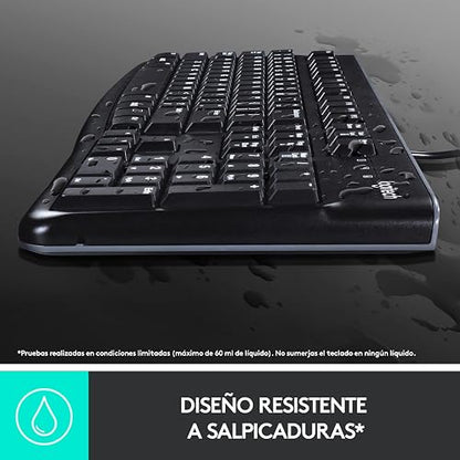 Logitech K120 Teclado con Cable para Windows, Plug-and-Play USB, Tamaño Normal, Resistente a Las Salpicaduras, Barra Espaciadora Curvada, Compatible con PC, Laptop - Negro