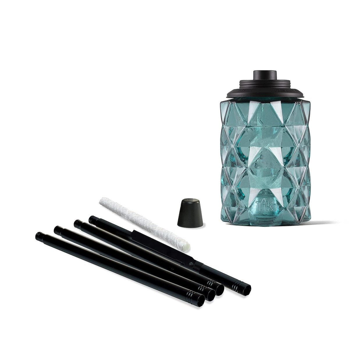 TIKI - Linternas TIKI de vidrio azul topacio - Linternas decorativas para exteriores, 65 pulgadas para patio, patio trasero y jardín, fácil de instalar, resistente a la intemperie, con mecha y