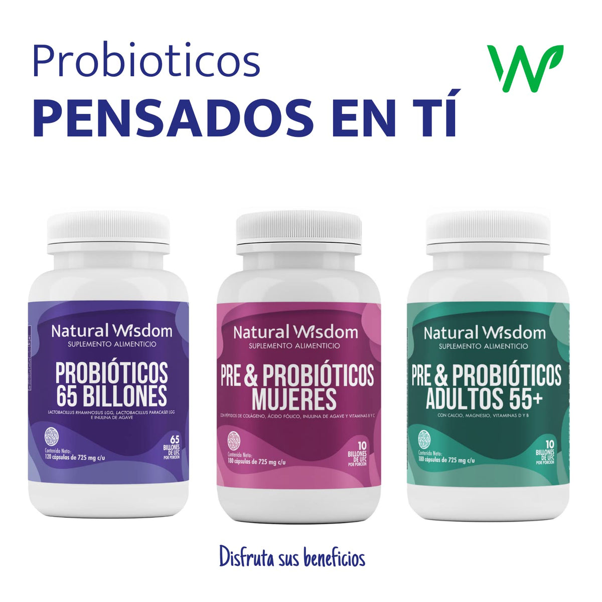 Pre & Probioticos Mujeres 10 Billones UFC + Prebioticos Hidratación Salud de la Piel Salud Digestiva | 180 Capsulas | Vitaminas Complejo B Colágeno | Suplemento Alimenticio | Natural Wisdom