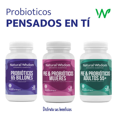 Pre & Probioticos Mujeres 10 Billones UFC + Prebioticos Hidratación Salud de la Piel Salud Digestiva | 180 Capsulas | Vitaminas Complejo B Colágeno | Suplemento Alimenticio | Natural Wisdom