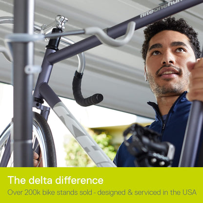 Delta Cycle Double Bike Leaning Floor Stand, Tool-Free Adjustable Bike Floor Rack for Mountain, Fat Tire, Road Bikes, Freestanding Bike Stand for Garage Parking