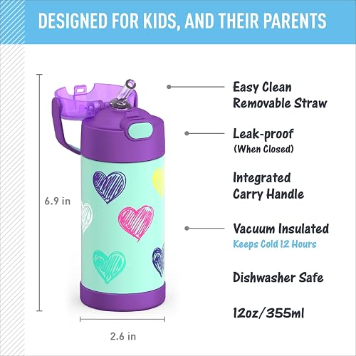 THERMOS FUNTAINER - Botella de agua con popote - 12 onzas - Botella de agua aislada al aspiradora para niños con tapa, corazones