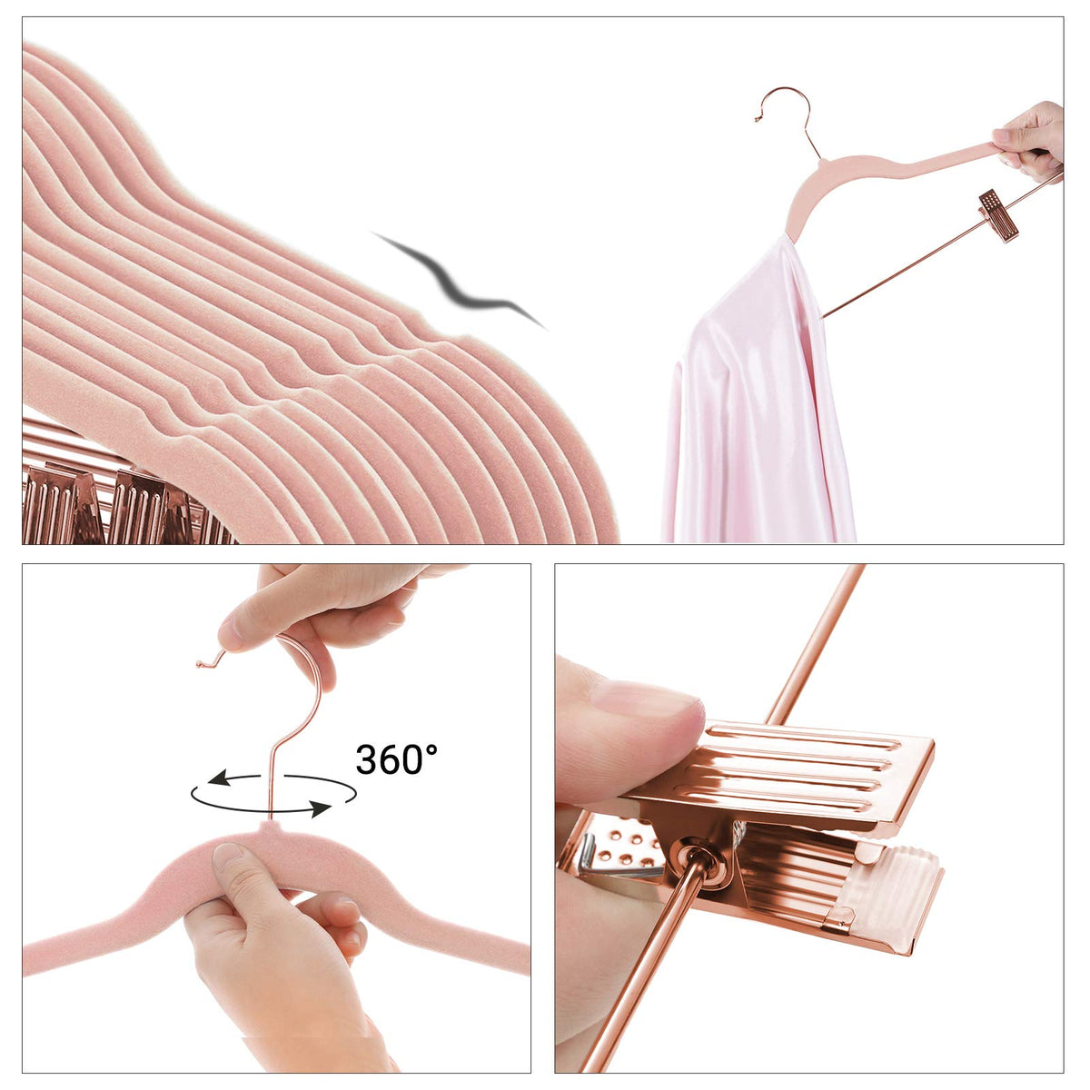 SONGMICS Juego de 24 Perchas de Terciopelo para Pantalones de 16,7 Pulgadas, Clips móviles, Antideslizantes, ahorradores de Espacio, Rosa Claro