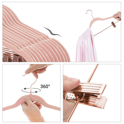 SONGMICS Juego de 24 Perchas de Terciopelo para Pantalones de 16,7 Pulgadas, Clips móviles, Antideslizantes, ahorradores de Espacio, Rosa Claro