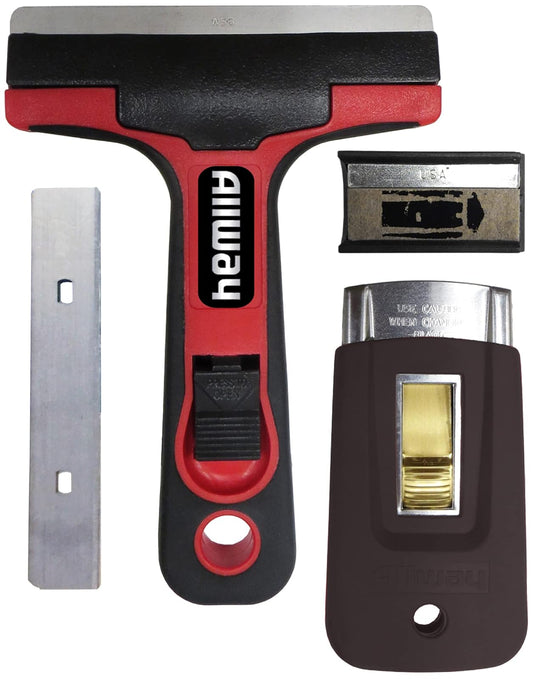 ALLWAY GSK3 - Juego de herramientas raspador de vidrio y azulejos | Rascador de vidrio y azulejos de 4 pulgadas y rascador de seguridad de agarre suave con cuchillas de repuesto