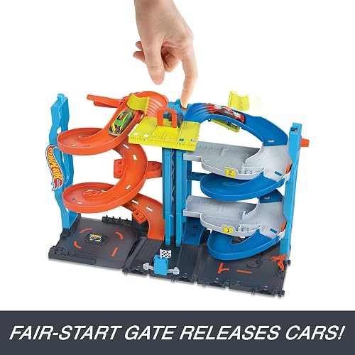 Hot Wheels, Pista de Juguete, Torre de Carreras con Doble Altura con 1 vehículo Incluido, para coleccionistas y niños, Edad 3 Años en Adelante, Mattel