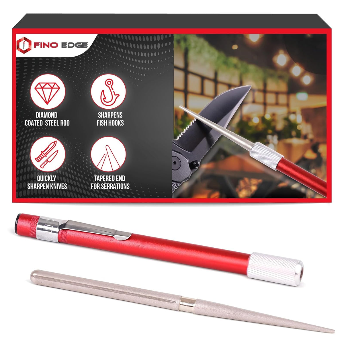Fino Edge - Barra de afilar cuchillos dentada – Barra de afilar diamante retráctil – Barra de afilar cuchillos ultra portátil – Mini sacapuntas de bolsillo para pesca al aire última intervensión