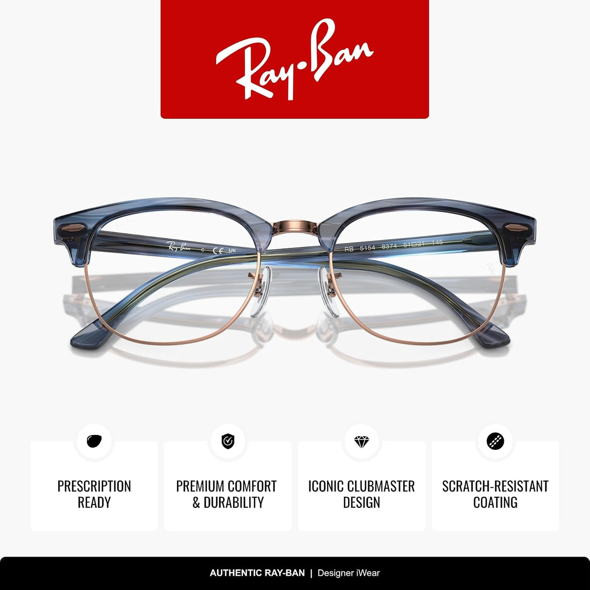 Ray-Ban Rx5154 Clubmaster - Marcos cuadrados para anteojos graduadas para mujer