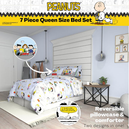 Franco - Juego de edredón de Snoopy, 7 Piezas, edredón, sábanas y Fundas de Almohada súper Suaves, Queen, Producto con Licencia 100% Oficial