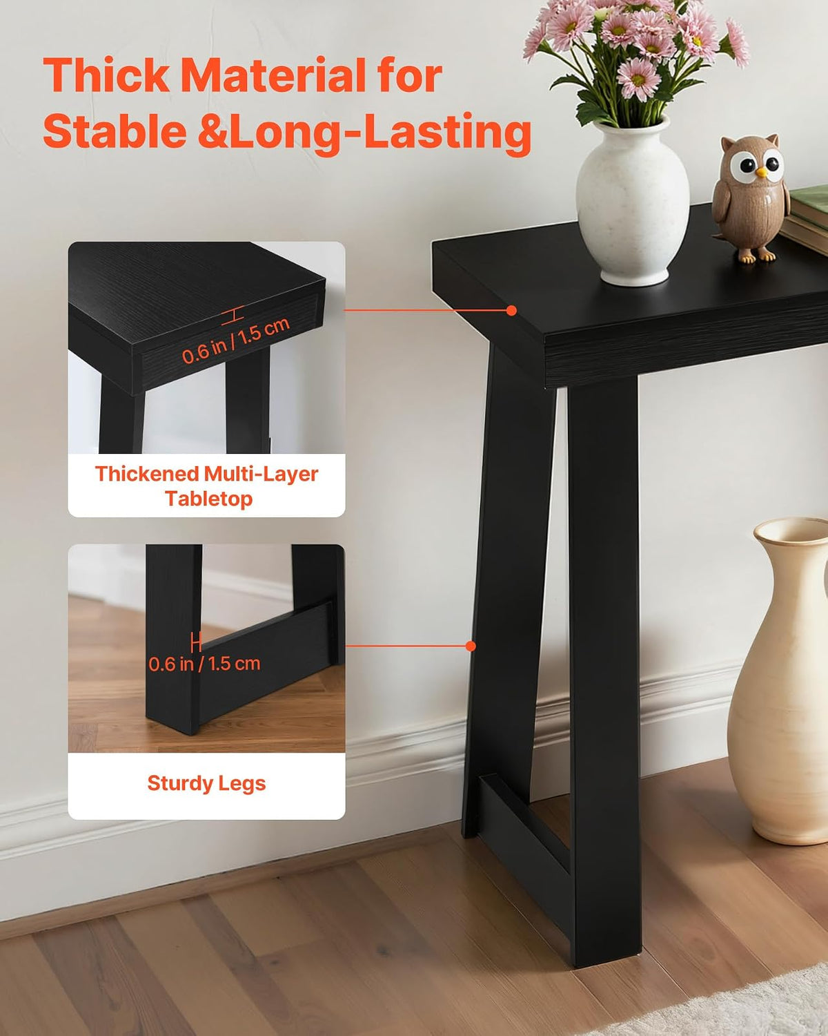 VEVOR Mesa Consola Moderna, Mesa Auxiliar Rectangular para Colocar Detrás del Sofá, 140 x 30,5 x 81 cm, Fabricada en Panel Multicapa, para Recibidor, Dormitorio, Sala de Estar, Negro, Carga 50 kg