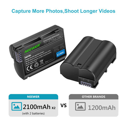 NEEWER EN-EL15 Juego de Cargador de Batería Compatible con Baterías Nikon Z5, Z6, Z6 II, Z7, Z7II, D780, D850, D7500, 1V1, D500, D750, D800, D7000, D7100, D7200(2 Piezas,2100mAh),No Compatible con Z8