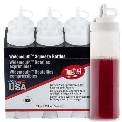 12633 - Botellas exprimidoras de condimentos, apertura de 63 mm, punta de cono, tapa atada, dispensadores de salsa transparente para preparación de alimentos, 24 onzas (710 ml), NSF, fabricado en