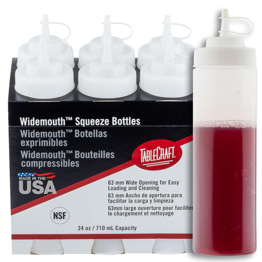 12633 - Botellas exprimidoras de condimentos, apertura de 63 mm, punta de cono, tapa atada, dispensadores de salsa transparente para preparación de alimentos, 24 onzas (710 ml), NSF, fabricado en