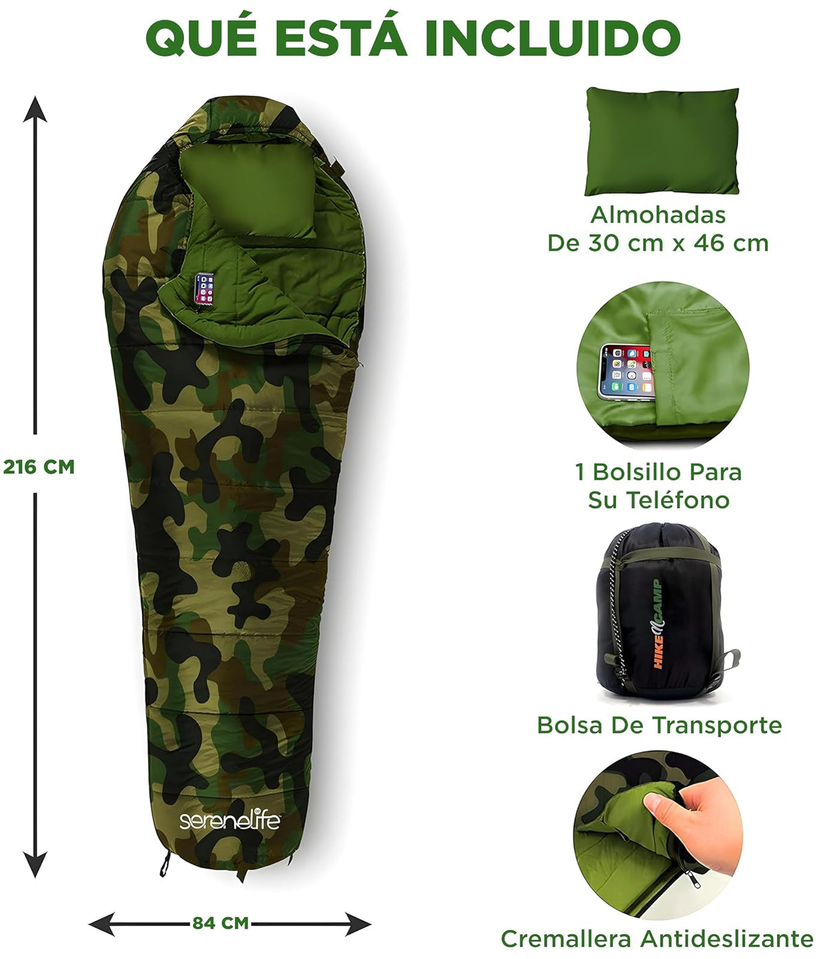SereneLife - Saco de Dormir para mochileros, para Adultos, Adolescentes, con Almohada, Bolsa de Dormir Ligera y Resistente a la Intemperie, para Acampar, Senderismo y Viajes,
