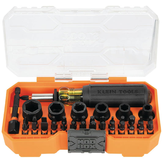 Klein Tools 33805 ProFlex Juego de herramientas de destornillador de impacto SAE de 38 piezas con carcasa modular, acero S2, destornillador magnético, ajustable, 29 bits, 6 tamaños de enchufe SAE