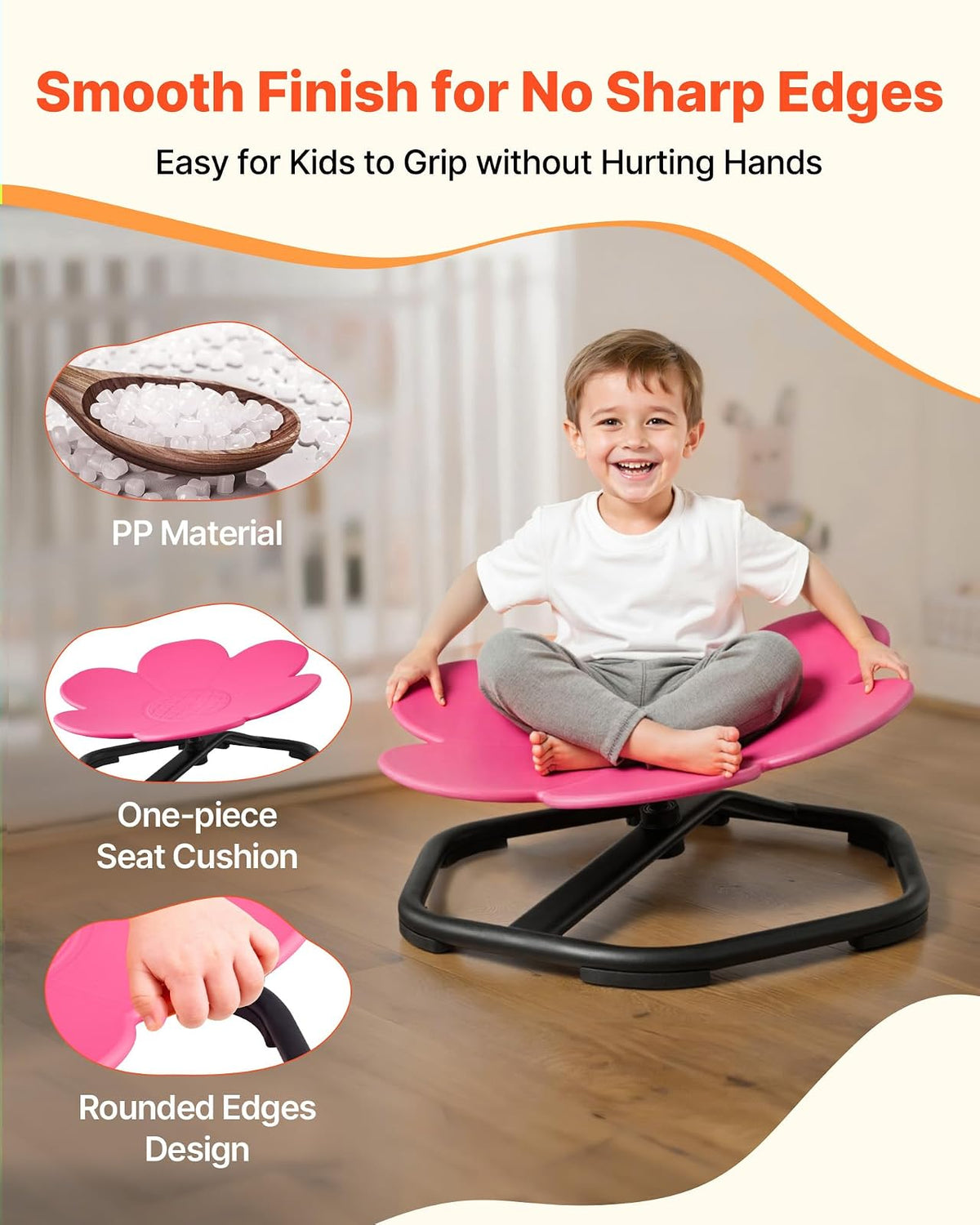 VEVOR Silla Giratoria Infantil Sensorial, con Forma de Flor, hasta 100 kg, con Base Metálica Antideslizante, Favorece la Coordinación, el Equilibrio y la Concentración, Rosa, 62 x 62 x 25,5 cm