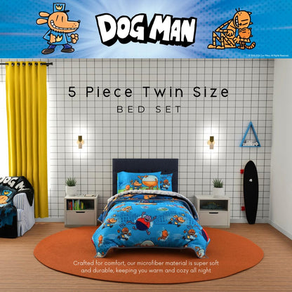 Franco Dog Man Supa Book - Juego de Ropa de Cama para niños, súper Suave y acogedora, edredón y sábanas de Microfibra Reversible con Funda, 5 Piezas tamaño Individual, (Producto con Licencia Oficial)