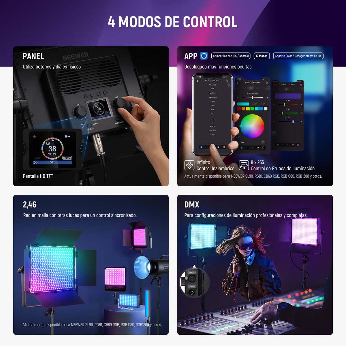 NEEWER PL60C RGB Panel LED Luz de Video App/2.4G/Control DMX, RGBCW Iluminación Estudio Fotografíco Pro/V Batería Alimentado para Grabación Streaming