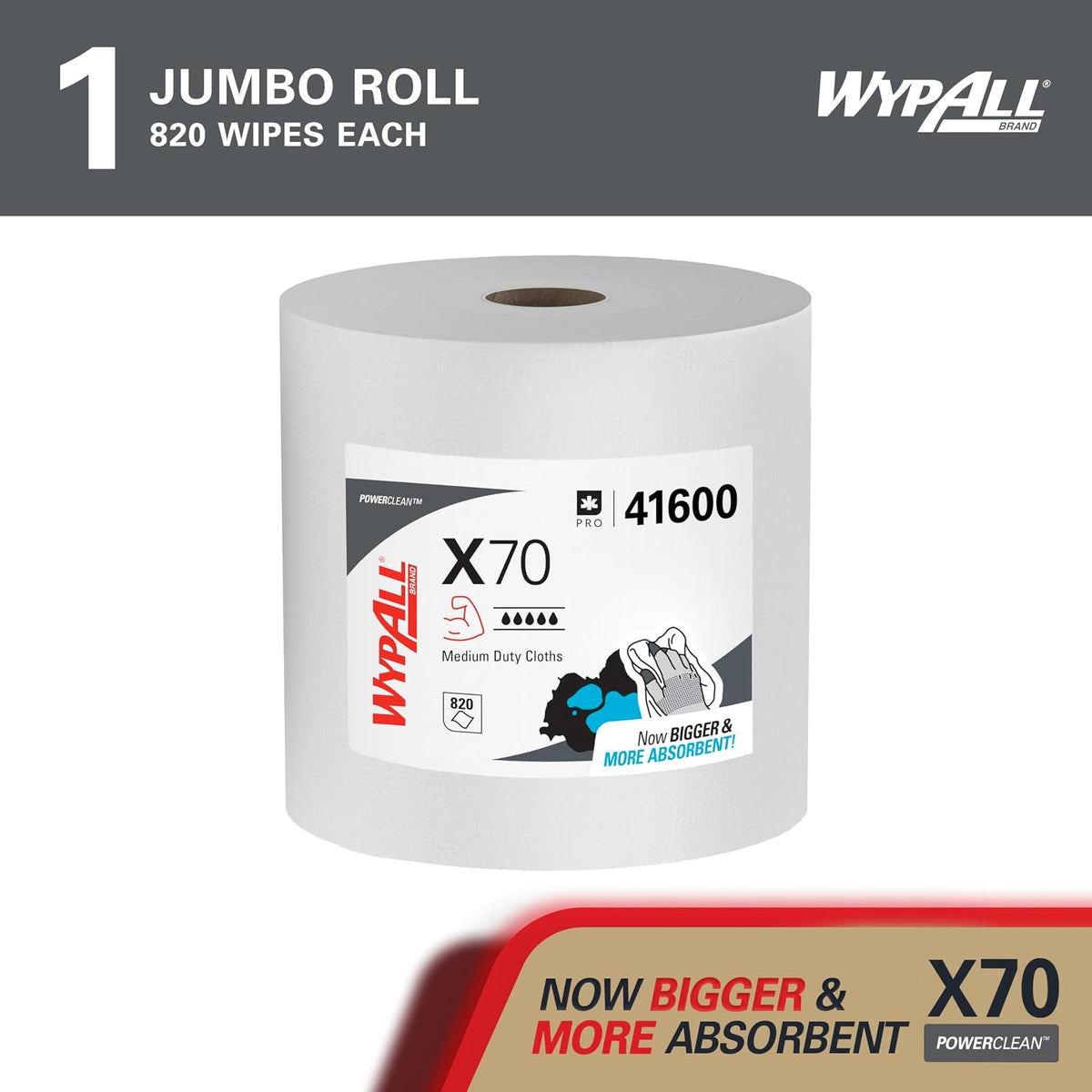 WypAll Power Clean X70 - Paños de trabajo medio (41600), rollo jumbo, rendimiento de larga duración, blanco, 1 rollo, 870 hojas