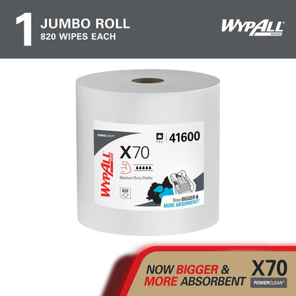 WypAll Power Clean X70 - Paños de trabajo medio (41600), rollo jumbo, rendimiento de larga duración, blanco, 1 rollo, 870 hojas