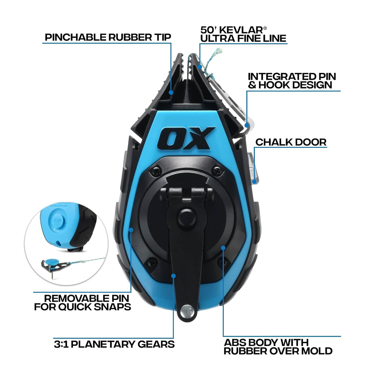 OX Pro - Línea de gis de precisión de 50 pies con punta de goma pinchable y recambio de polvo de gis de 4 onzas, herramienta de marcado de línea ultra fina de Kevlar y nailon, herramienta de carrete