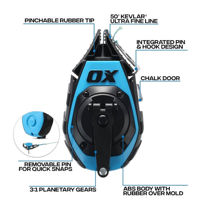 OX Pro - Línea de gis de precisión de 50 pies con punta de goma pinchable y recambio de polvo de gis de 4 onzas, herramienta de marcado de línea ultra fina de Kevlar y nailon, herramienta de carrete