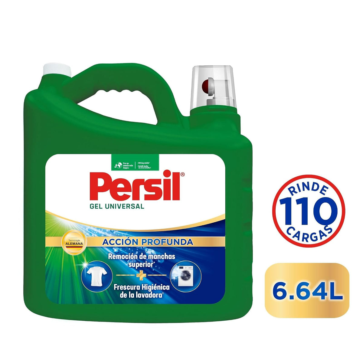 Persil Detergente Gel Universal 6.64L - 96 Cargas | Acción profunda, aroma fresco, biodegradable, toda la ropa, tecnología alemana