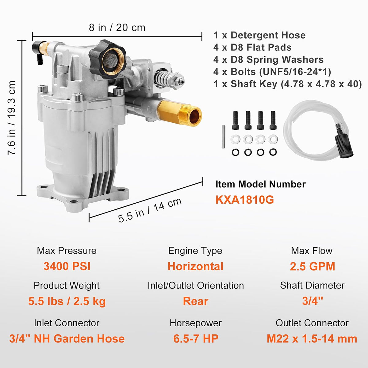 VEVOR Bomba de Lavado a presión, Eje Horizontal de 3/4 Pulgadas, 3400 PSI, 2.5 GPM, Kit de Bombas de Repuesto para Lavadora eléctrica, Bomba de Lavado de Piezas, Compatible con Honda, Simpson, RYOBI
